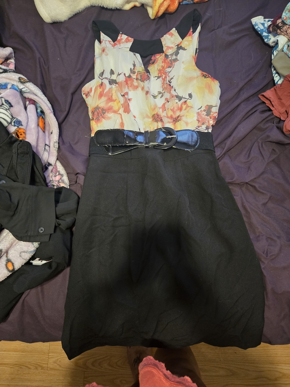 Iz Byer Black Midi Dress with Floral Bodice